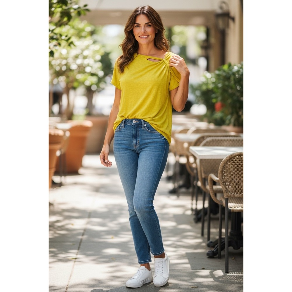 Soft Surroundings Large Yellow Cotton Slub Knit Asymmetrical Cutout Top Sz L